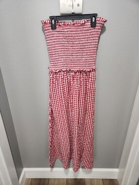 Japna Red and White Gingham Smocked Strapless Maxi Dress